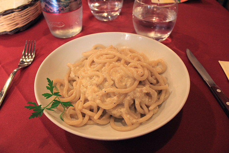 Delicious dish of Pici con cacio e pepe in Pienza in Val d'Orcia Tuscany