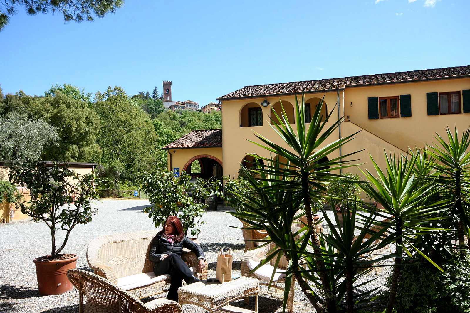 Outdoor seating under the Montecarlo skyline